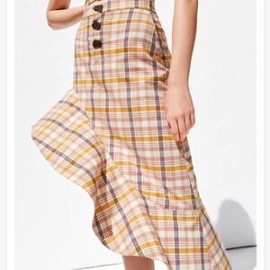 (B6) Zara Plaid Asymmetrical Ruffle Midi Skirt Yellow Brown High Waist Large NWT